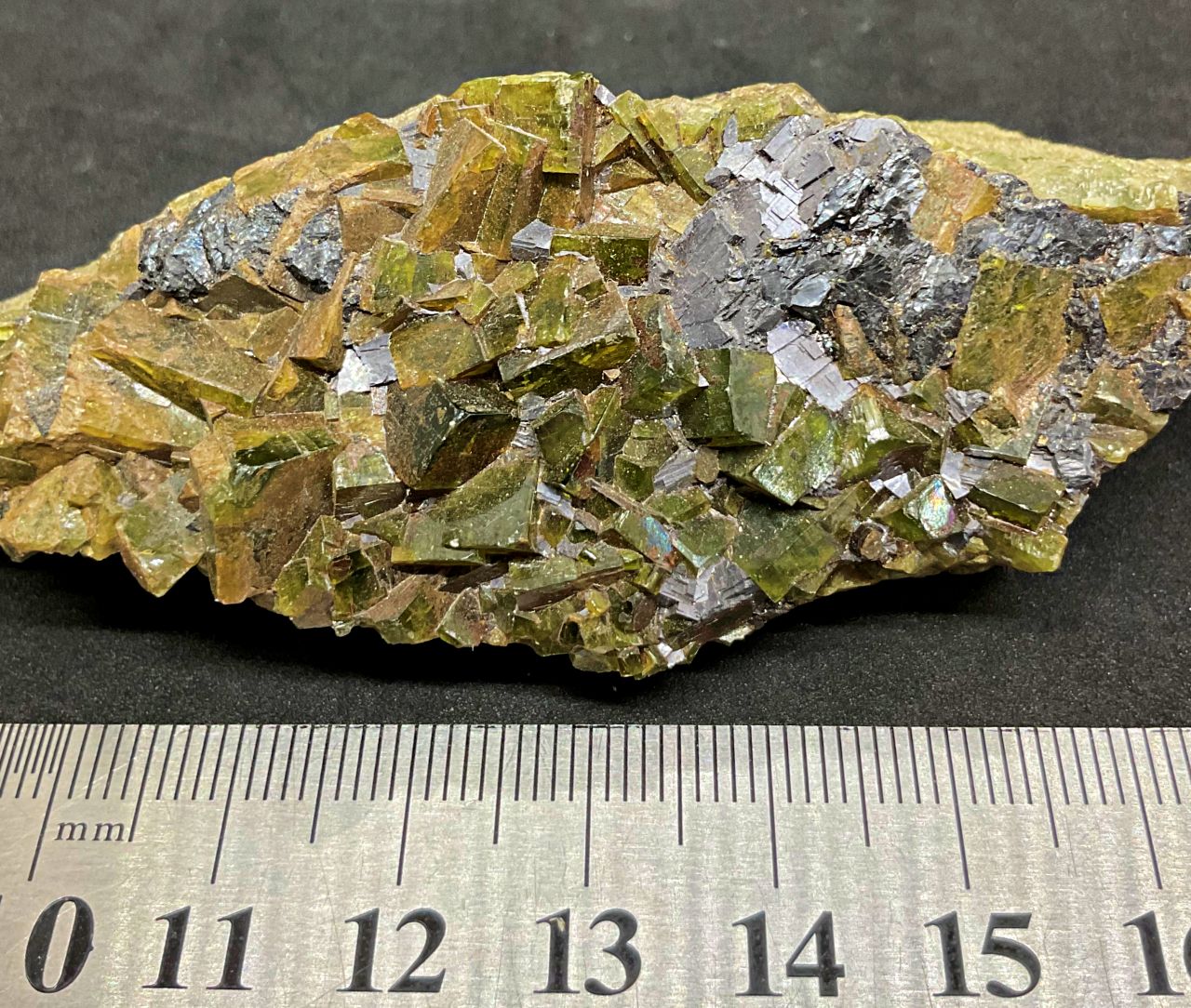 SOLD Hedenbergite crystals with cleaved Galena (stock code F8E2302)