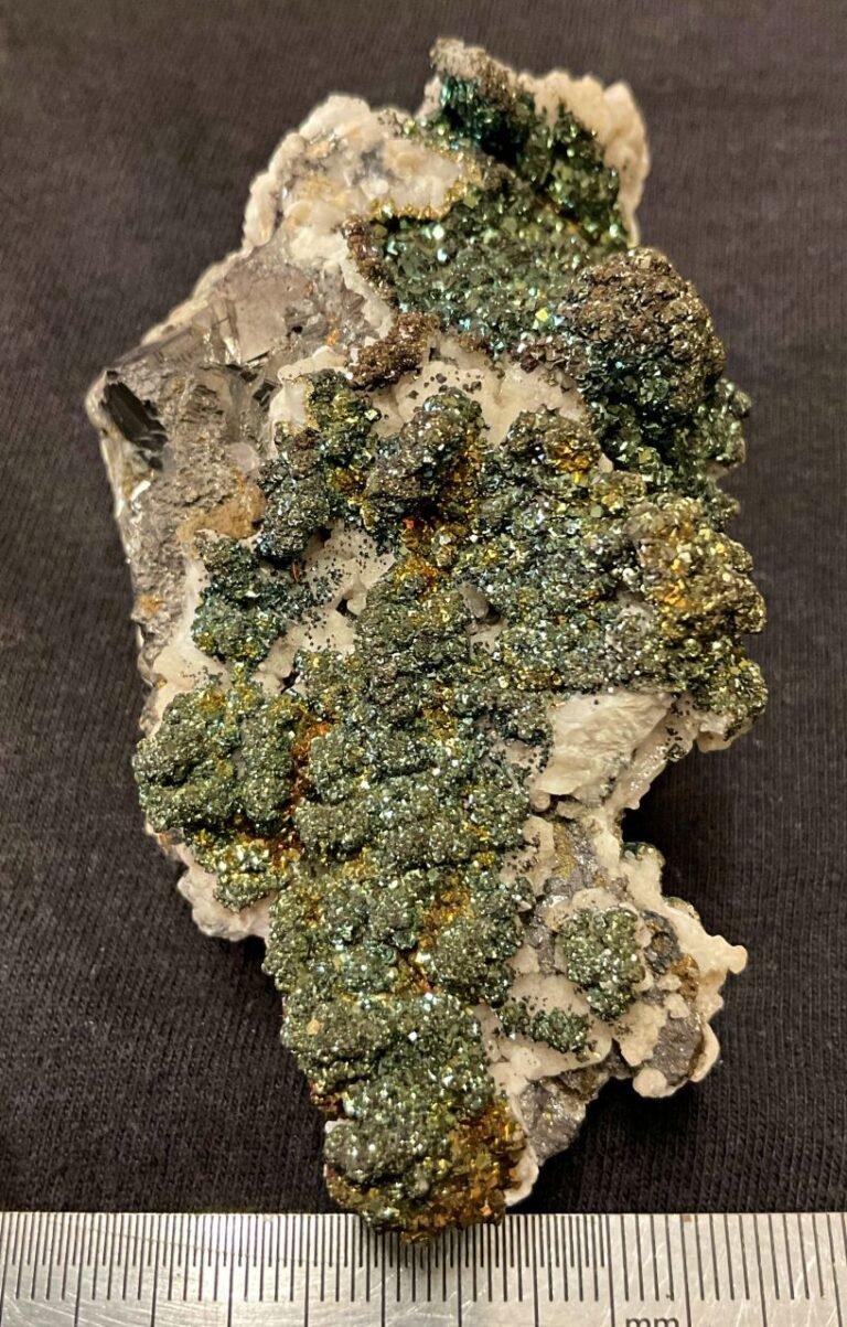 Iridescent Pyrite Crystals on Calcite (stock code COL05Pyr)